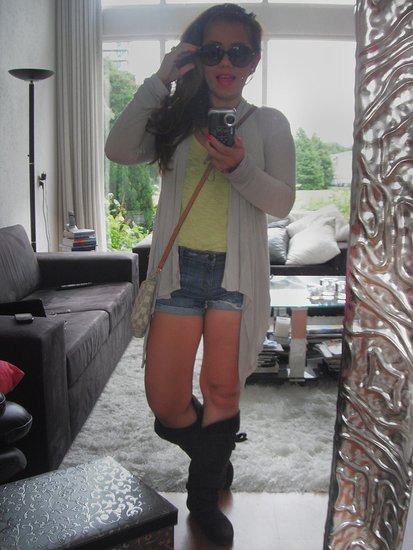 Forever 21 shorts and sweater, HM tank, Louis Vuitton bag, Nordstrom Rock boots, Gucci sunglasses